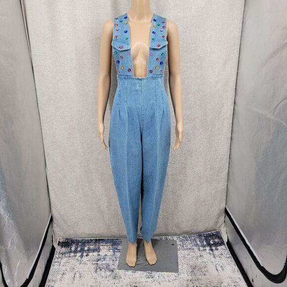 My Michelle Vintage Jumpsuit Overalls Denim Plunging Neckline Colorful Gemstones - Picture 10 of 16